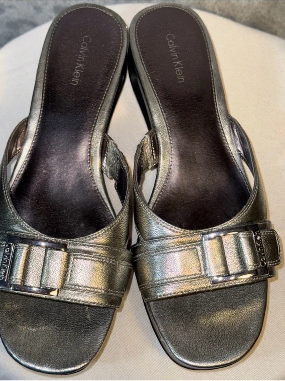 Calvin Klein Metallic Silver Slide Mules Size 7.5